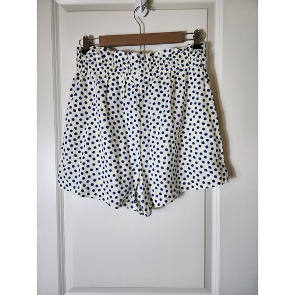 H&M White Blue Polka Dot Linen Blend Paper Bag Retro Active Hi-Waist Shorts SZ M - Picture 2 of 8